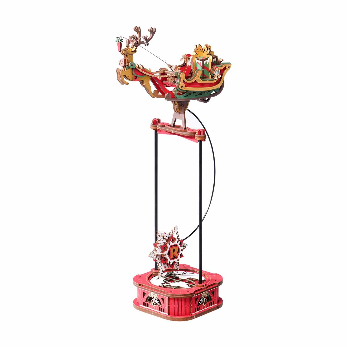 ROKR Santa on Sleigh MCD05 wooden 3D puzzle front view with Christmas pendulum balance display