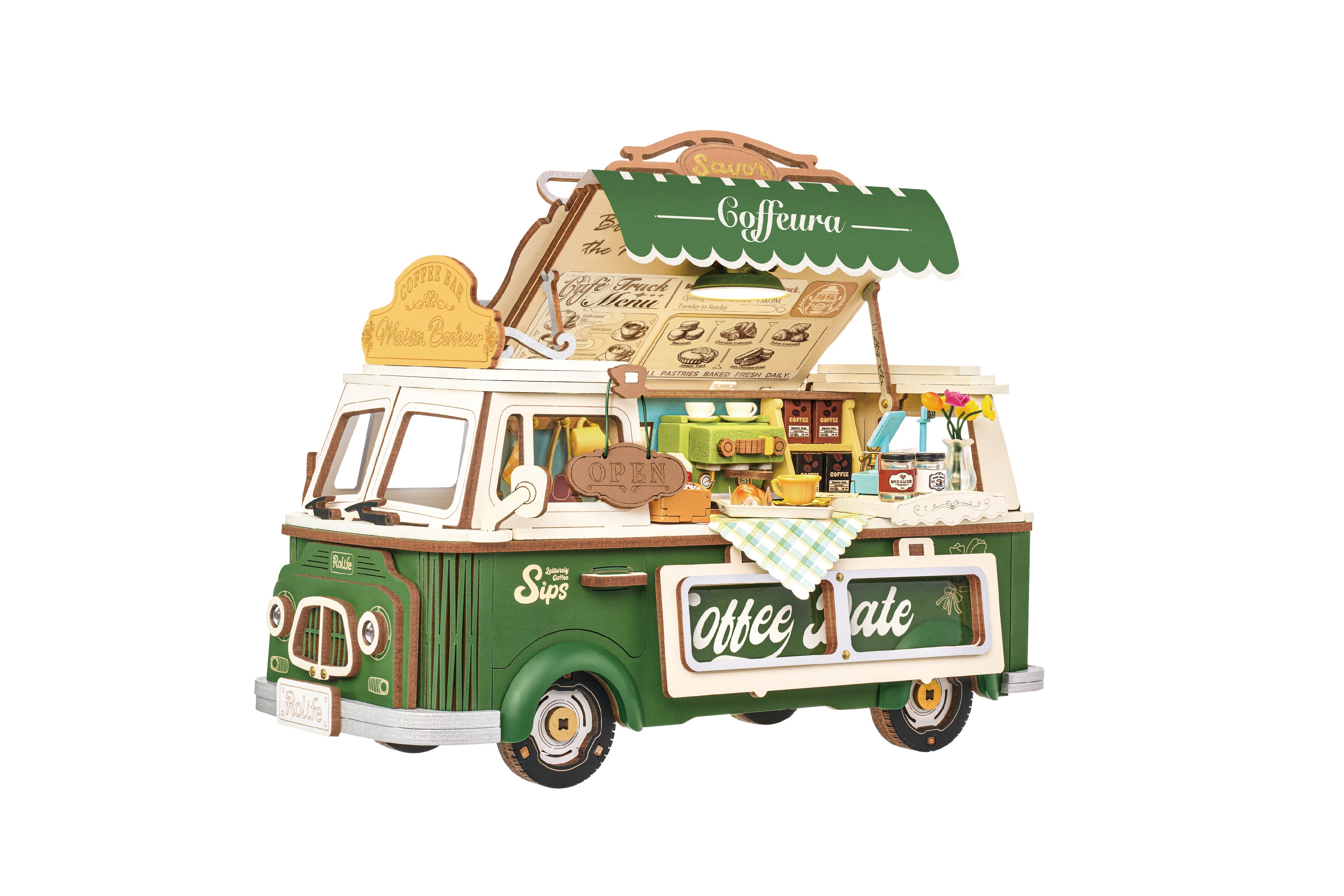Rolife Leo's Coffee Truck TGS07 — completed model DIY kit display