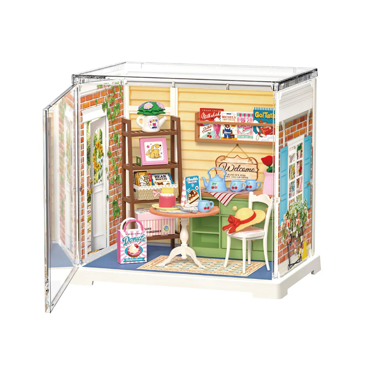 Rolife Sunshine Sip Porch DWS07B DIY miniature house kit front product view with built-in dust cover.