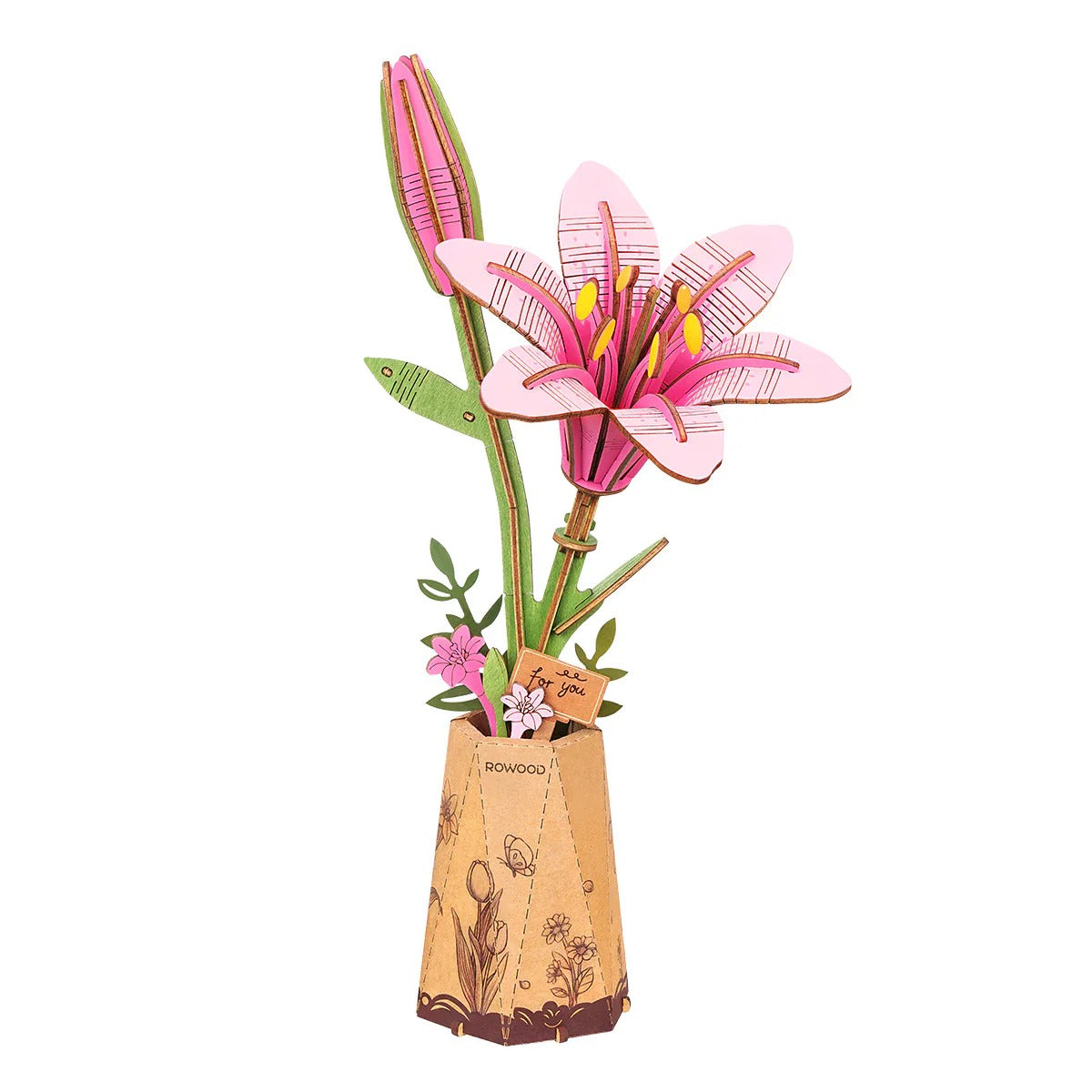 Rowood Pink Lily TW071 DIY wooden flower puzzle, front product view