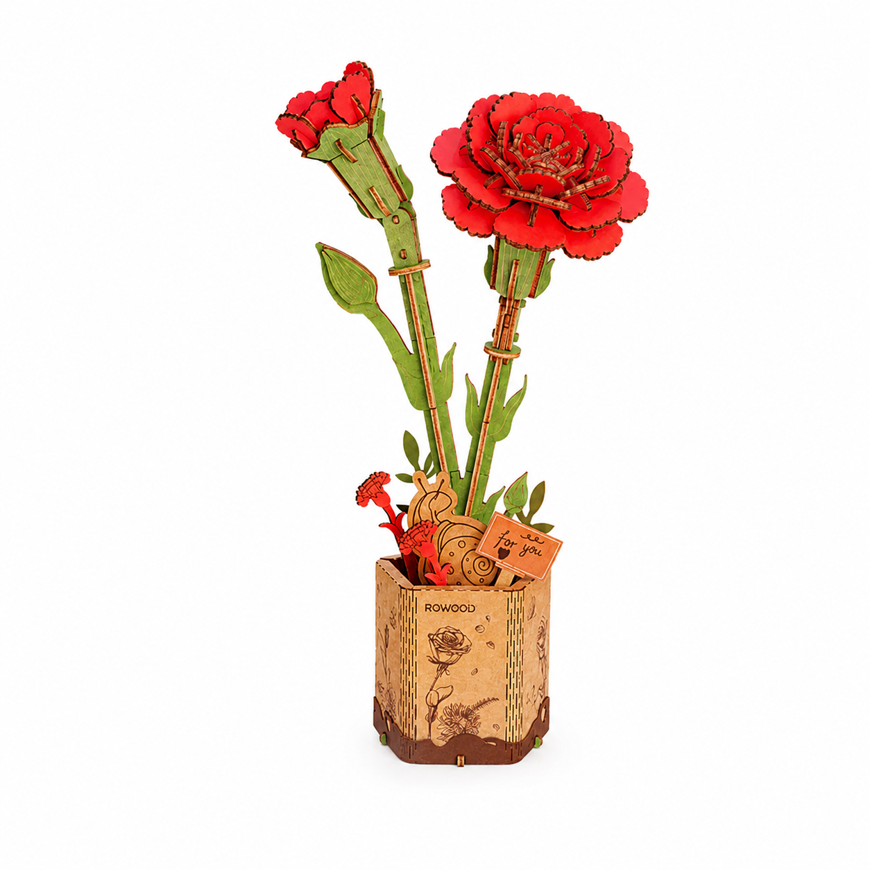 Rowood Red Carnation TW052 wooden flower craft kit assembled in a decorative pot on a clean background.