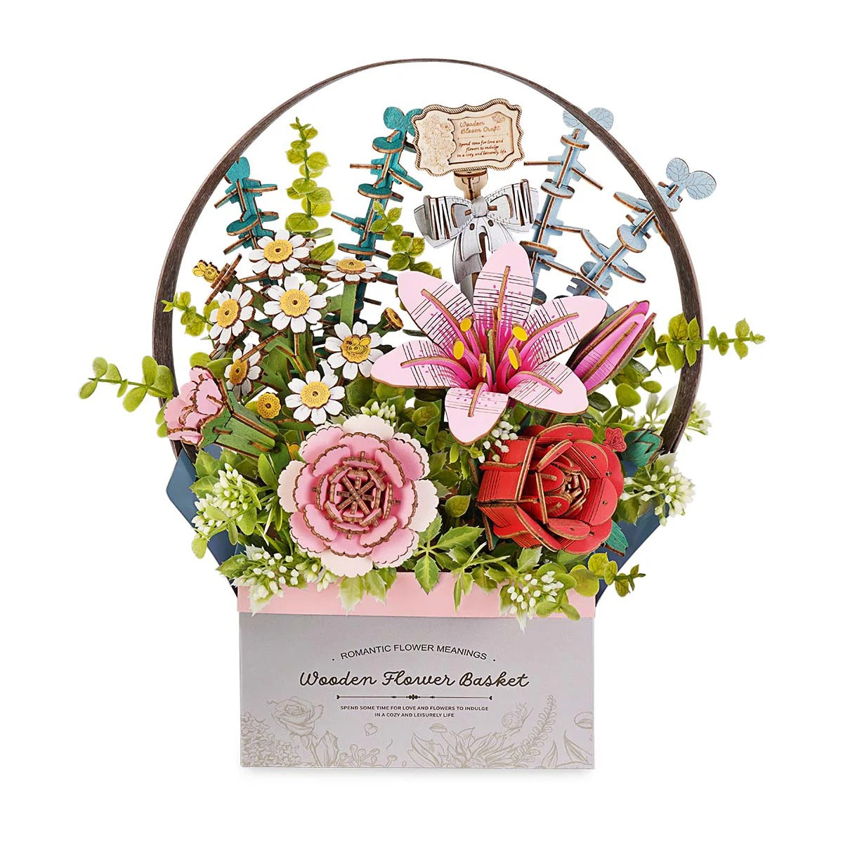 Rowood Wooden Flower Basket TW03H 3D wooden puzzle bouquet with pink lily, red rose, daisies and eucalyptus in a decorative basket