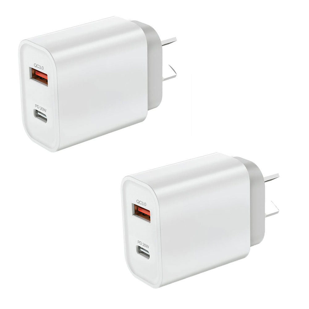 2 x 20W Dual Port USB Fast Charger USB-C & USB-A Power Adapter PD QC 3.0 Wall Charger