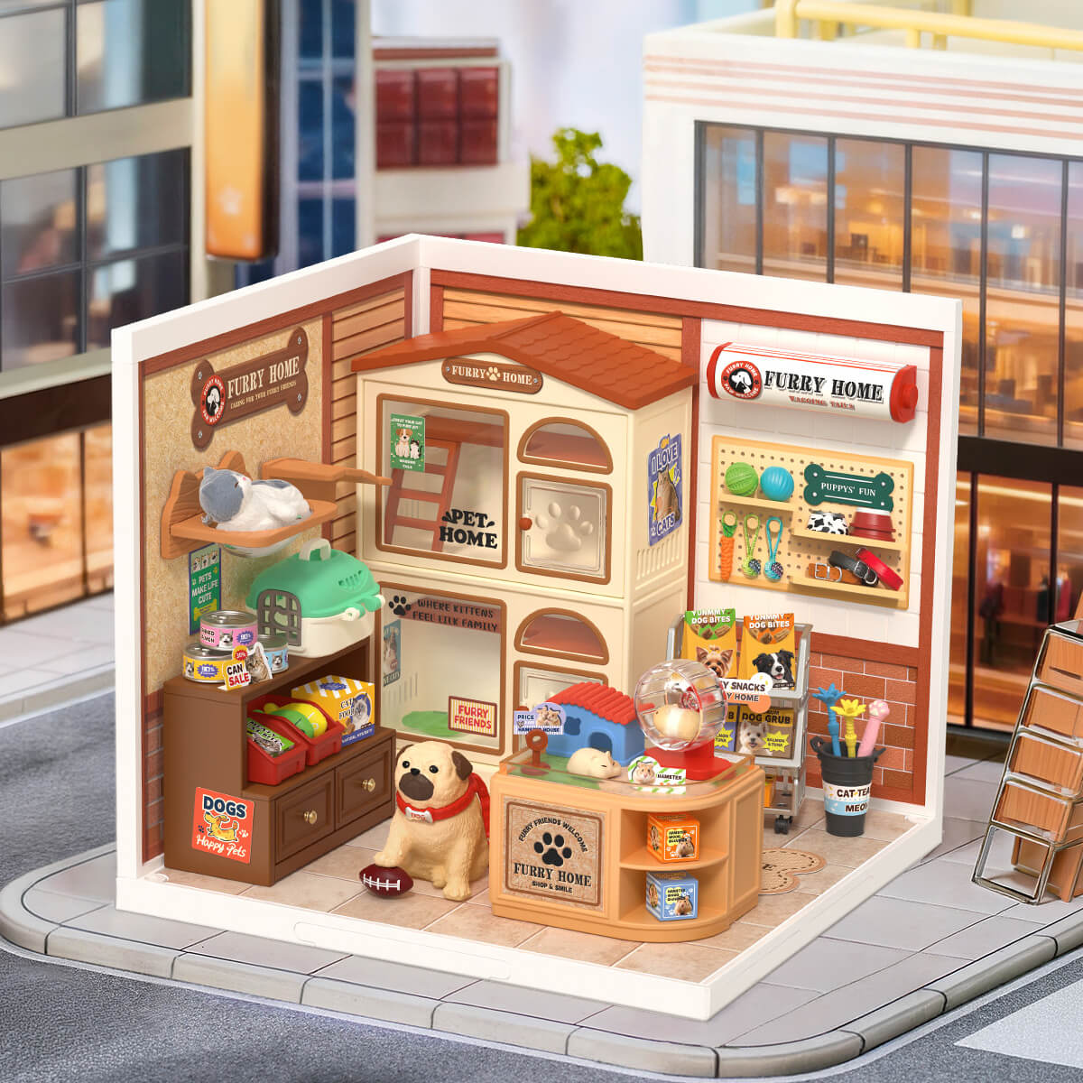 Rolife Furry Friends’ Home DW027 — pet shop displayed in a miniature street DIY kit detail