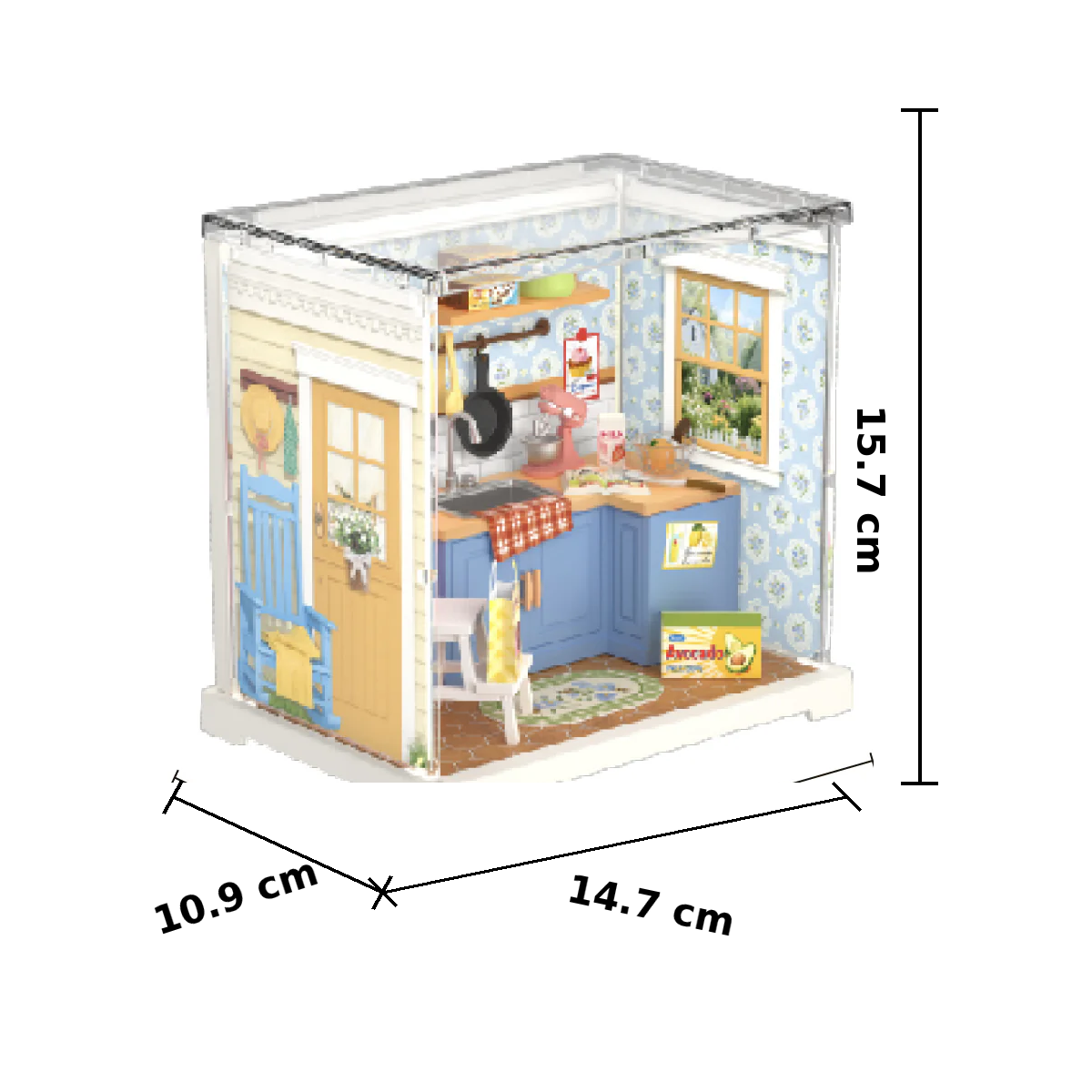 Rolife Homely Baking Kitchen DWS08B size guide showing assembled dimensions 14.7 cm x 10.9 cm x 15.7 cm.