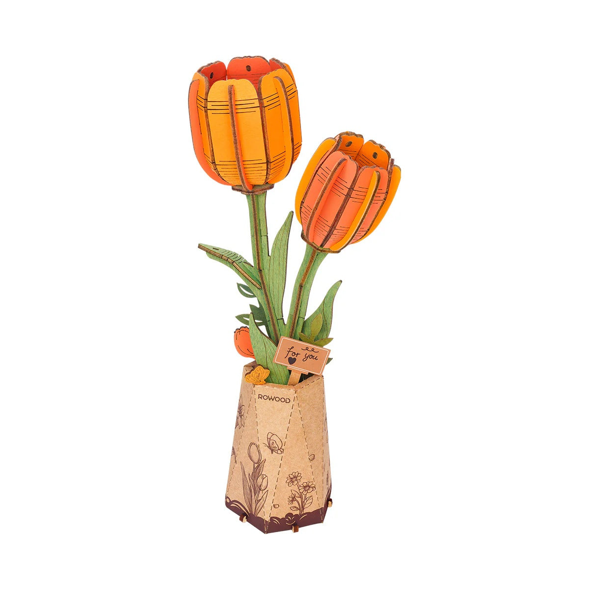 Rowood Orange Tulip TW081 assembled wooden flower craft kit on a clean white background.