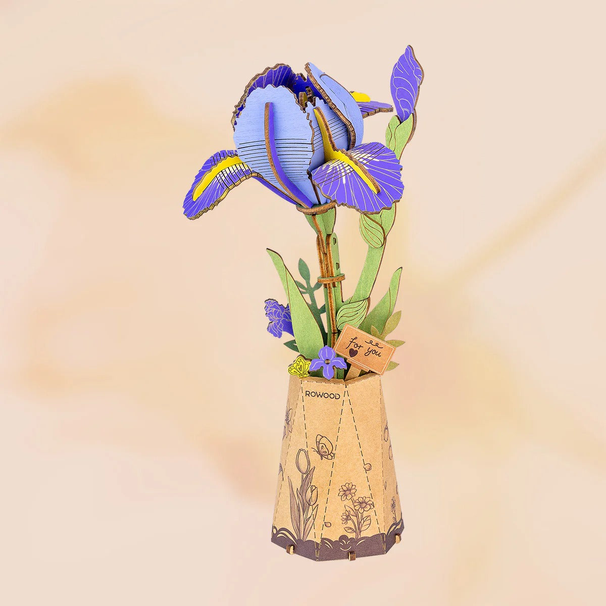 Rowood Purple Iris TW121 wooden flower puzzle displayed in a soft home decor scene