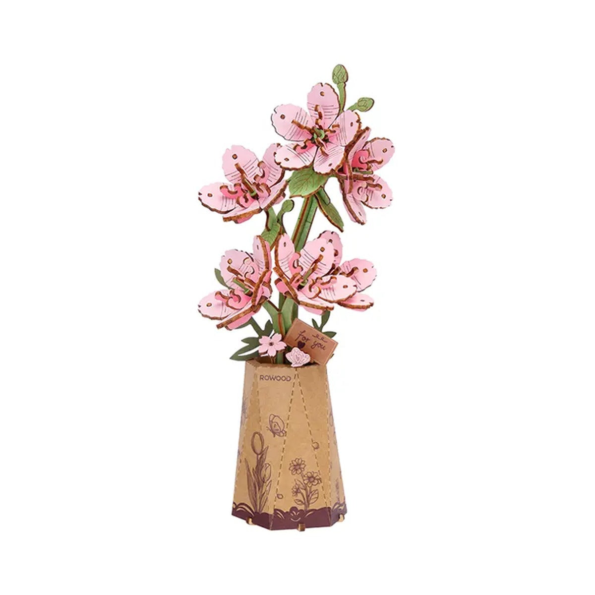 Rowood Sakura TW101 assembled DIY wooden flower with pink cherry blossoms in a decorative paper pot on a clean white background.