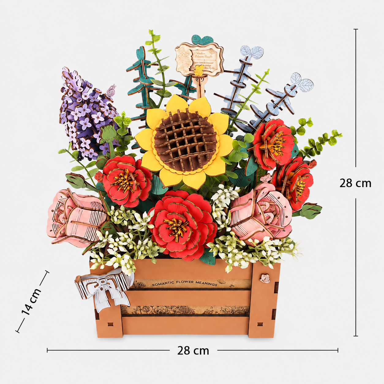 Rowood Wooden Bloom Box TW02H assembled size guide showing 28 cm width, 14 cm depth and 28 cm height