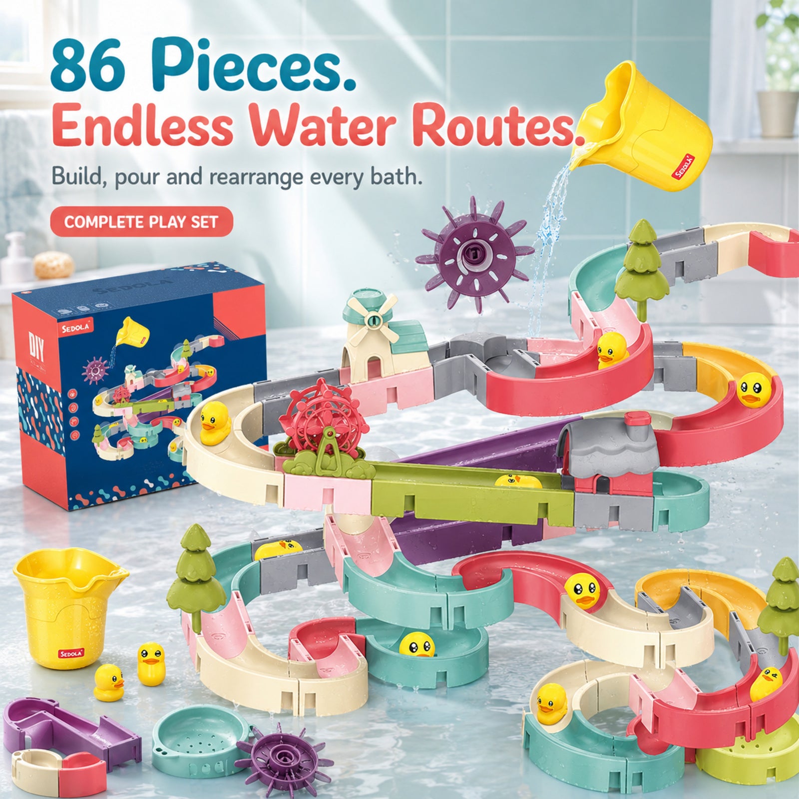 SEDOLA 86-piece water slide bath toy complete play set with colourful track pieces