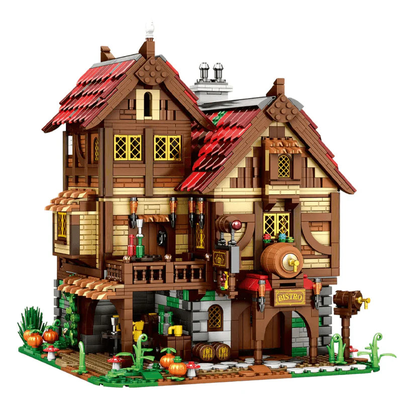 2831PCS Medieval Tavern Modular Architecture Building Model Wood House Pub Blocks Tavern Reobrix
