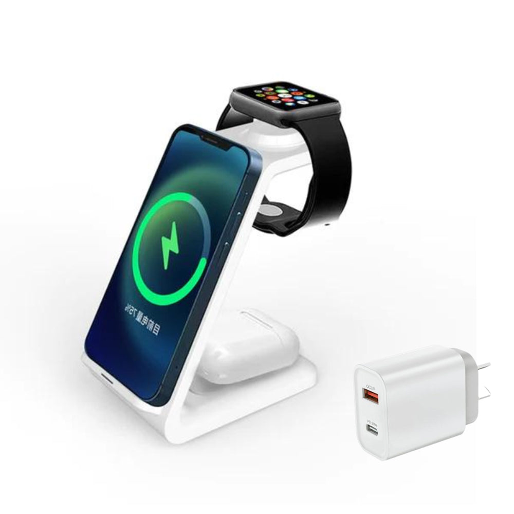 3 in 1 Wireless Charger Stand Charging Dock Station for iPhone Apple Watch AirPods White+20W Dual Port USB Fast Charger
