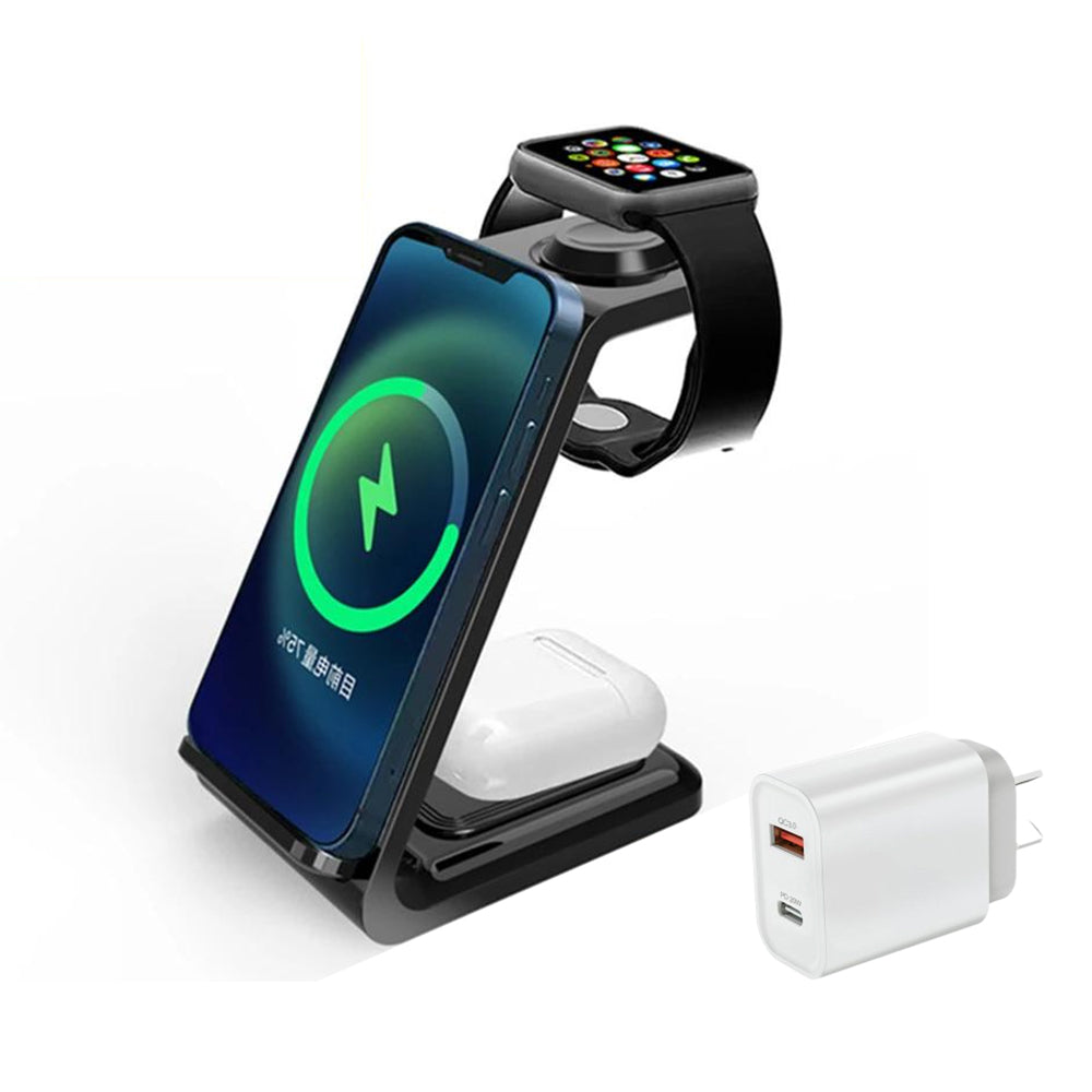 3 in 1 Wireless Charger Stand Charging Dock Station for iPhone Apple Watch AirPods Black+20W Dual Port USB Fast Charger
