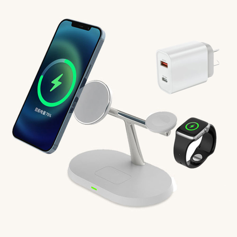 3 in 1 Magnetic Wireless Charger Stand Charging Dock Station for iPhone Apple Watch Airpods White +20W Dual Port USB Fast Charger
