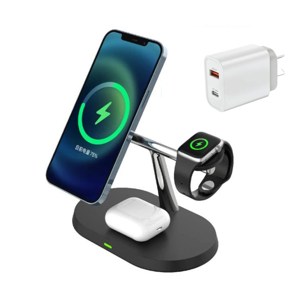 3 in 1 Magnetic Wireless Charger Stand Charging Dock Station for iPhone Apple Watch Airpods Black +20W Dual Port USB Fast Charger