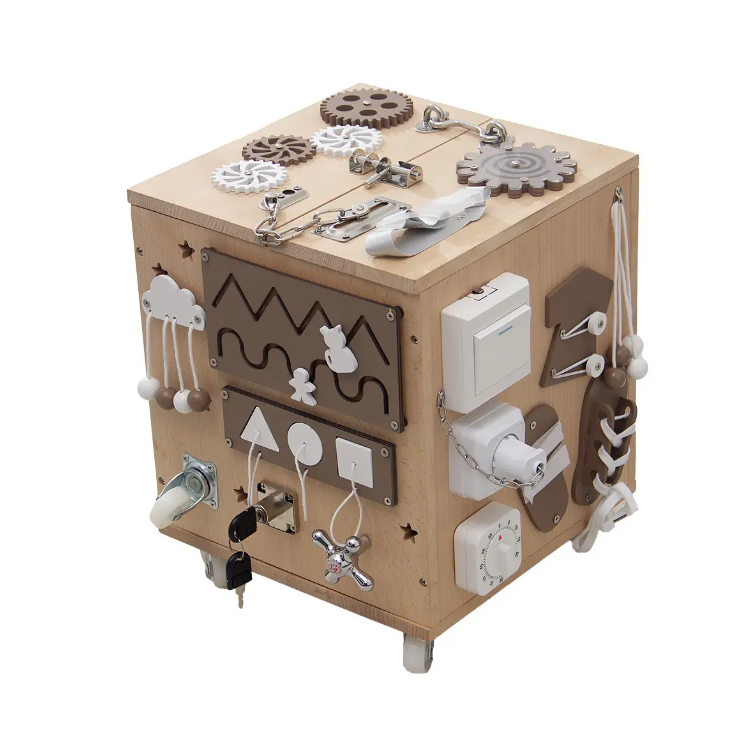 Kids Wood Portable Busy Board Cube Unlocking Box Sensory Game Baby Montessori Educational Wooden Toys for Children Learning Toy