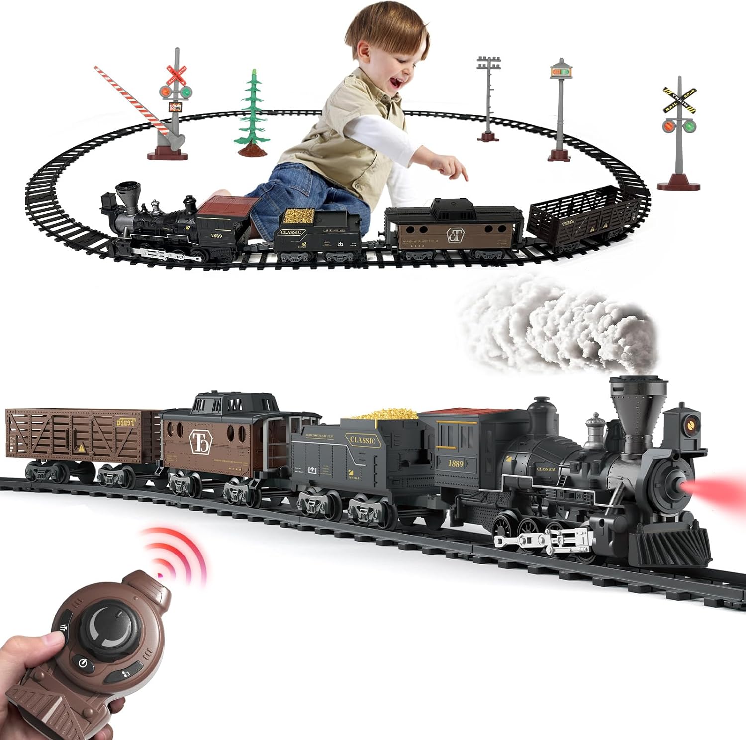 Electric Train Toys with Sound & Light Locomotive Engine Cargo Car & Tracks 3 Carriages Steam 950mm