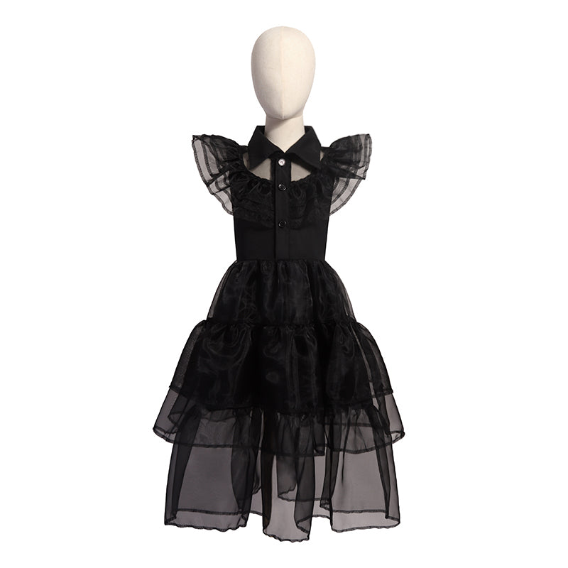 Girls Wednesday Dress Flying Sleeve Tulle Party Dress Halloween Fancy-Dress Cosplay Costume