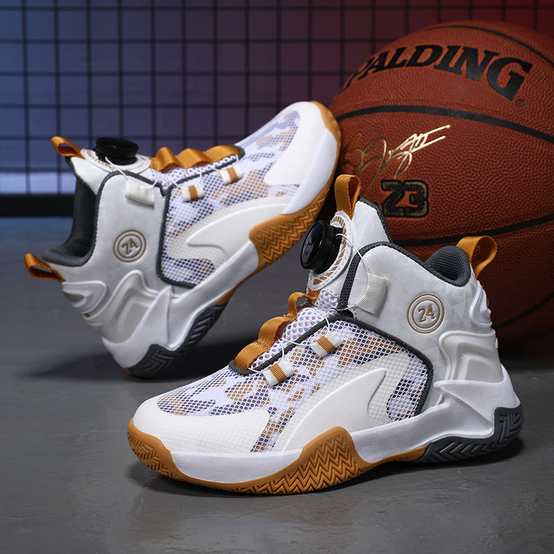 Rotating Automatic Buckle Elastic Laces Children's Basketball Shoes Breathable Mesh Cushioned Non-Slip Kids Sneaker for Running, Walking Outdoor Sports - White & Gold