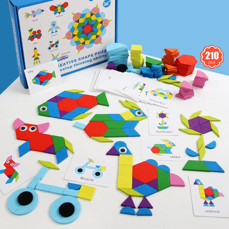 210Pcs Montessori Wooden Pattern Blocks Set Geometric Shapes Puzzle Wooden Jigsaw