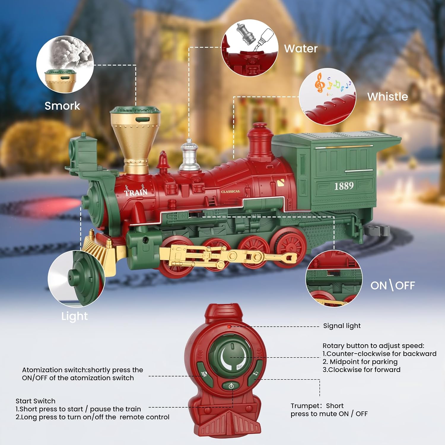 Christmas Electric Train Toys with Sound & Light Locomotive Engine Cargo Car & Tracks 3 Carriages Steam 950MM