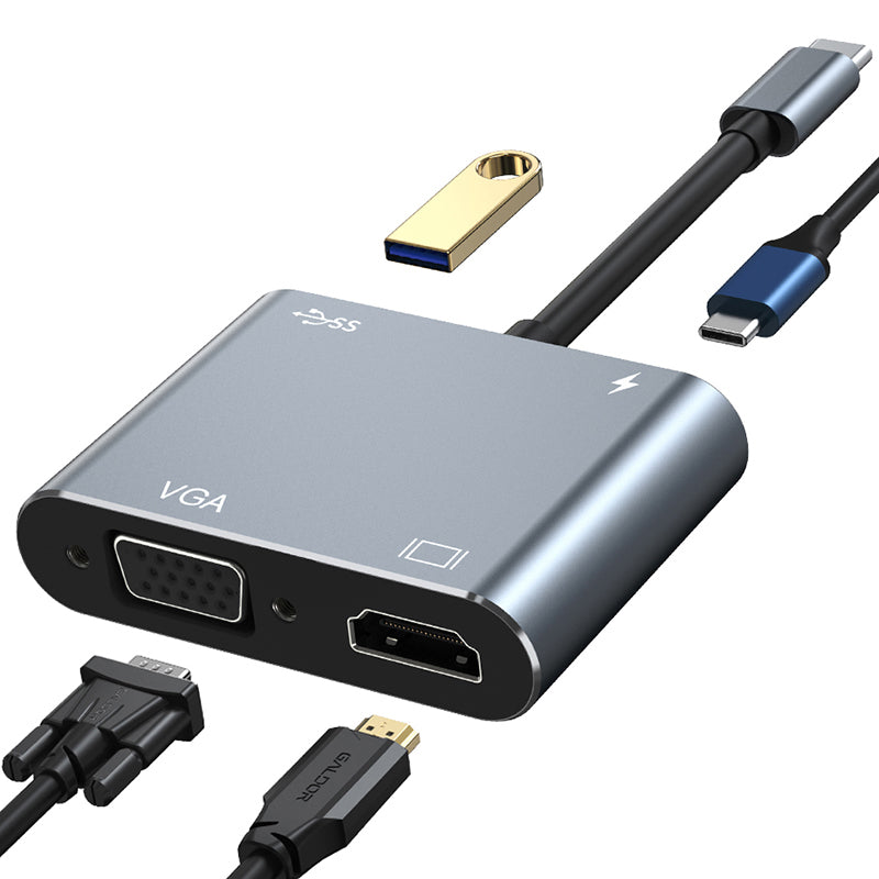 4K Video Output 4 In 1 Usb C to VGA HD-MI Chargeable Type-c Docking Type C 4 Port Usb Hub CY012
