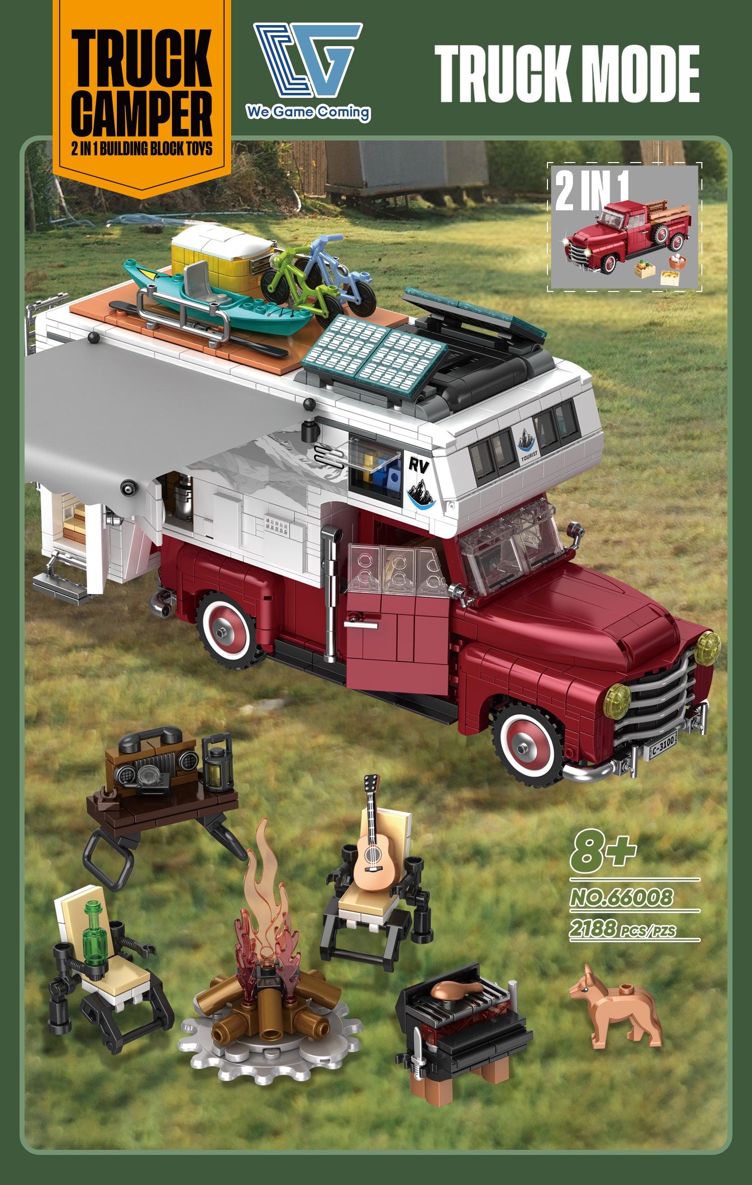2188PCS Camper Van Buliding Block for Adults, 2 in 1 Include Camper Rvs and Farm Pick-up Trucks Building Block Gift