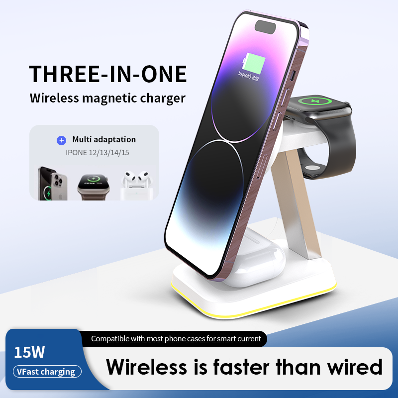 3 In 1 Magnetic Wireless Charger Stand LED Light Fast Charging Station Dock WHITE