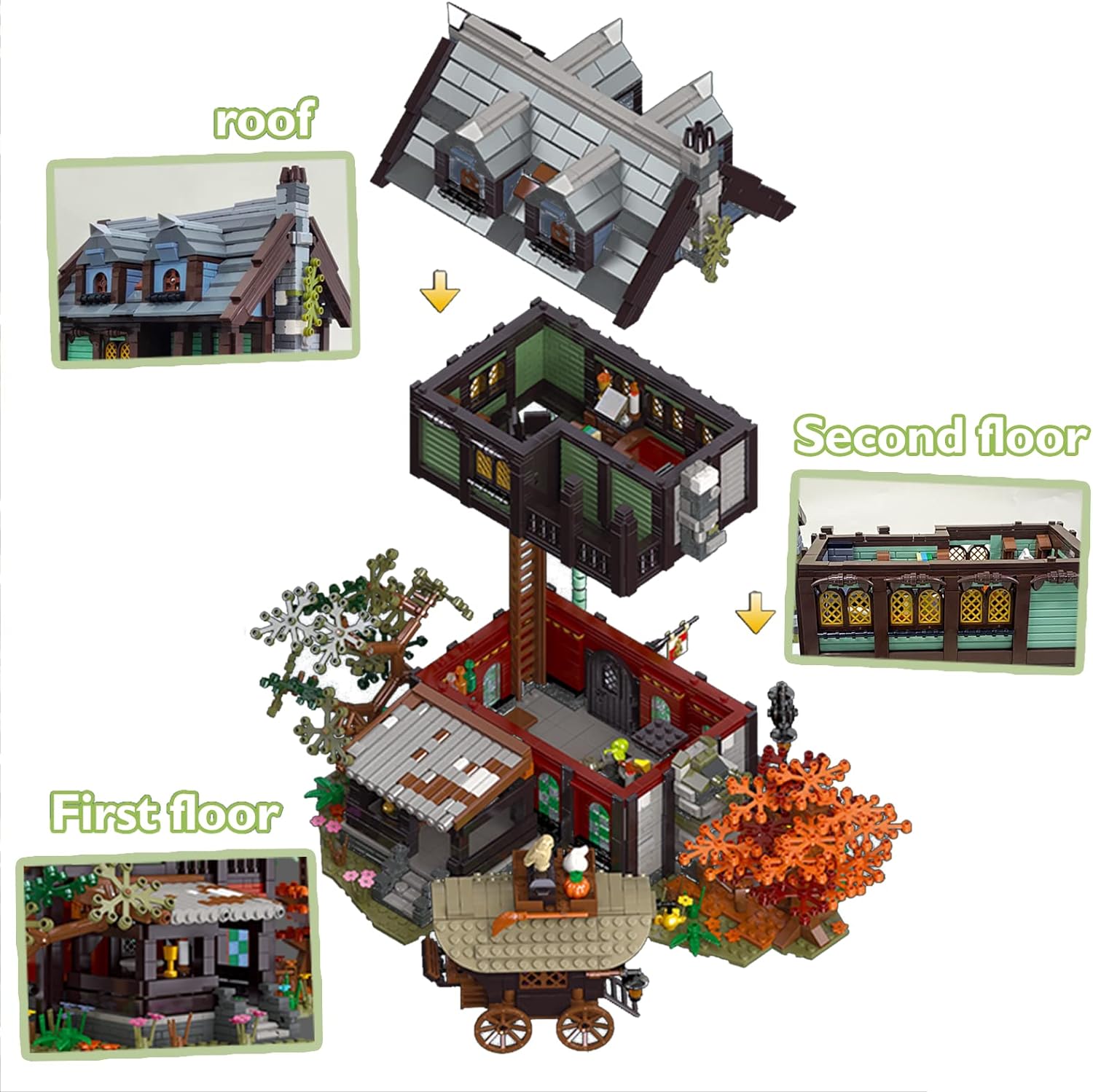 2831PCS Medieval Tavern Modular Architecture Building Model Wood House Pub Blocks Tavern Reobrix