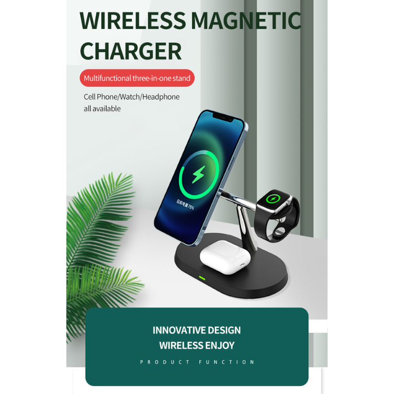 3 in 1 Magnetic Wireless Charger Stand Charging Dock Station for iPhone Apple Watch Airpods Black +20W Dual Port USB Fast Charger