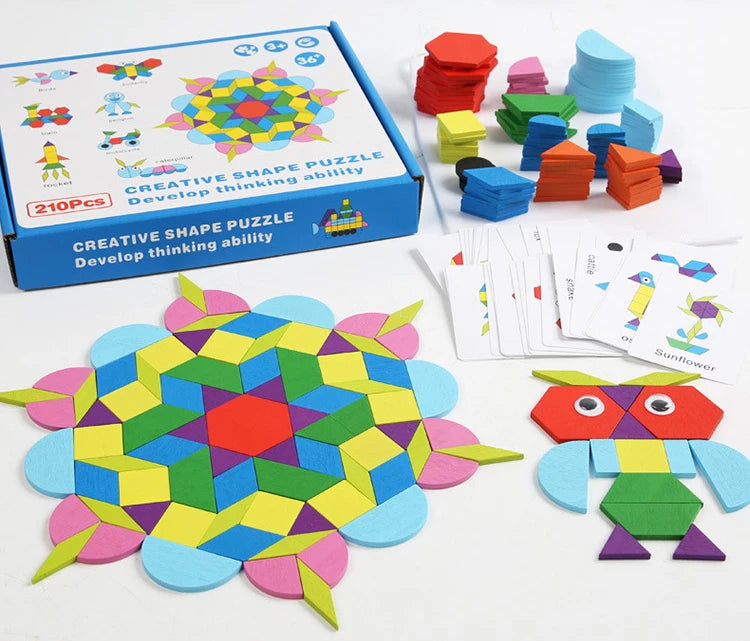210Pcs Montessori Wooden Pattern Blocks Set Geometric Shapes Puzzle Wooden Jigsaw