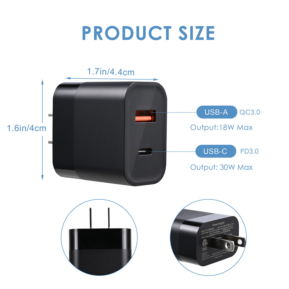 30W Dual Port USB Fast Charger USB-C & USB-A Power Adapter PD QC 3.0 Wall Charger BLACK