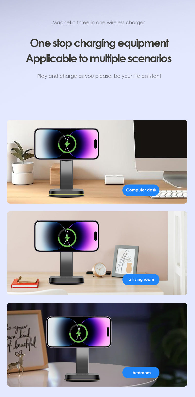 3 In 1 Magnetic Wireless Charger Stand LED Light Fast Charging Station Dock BLACK