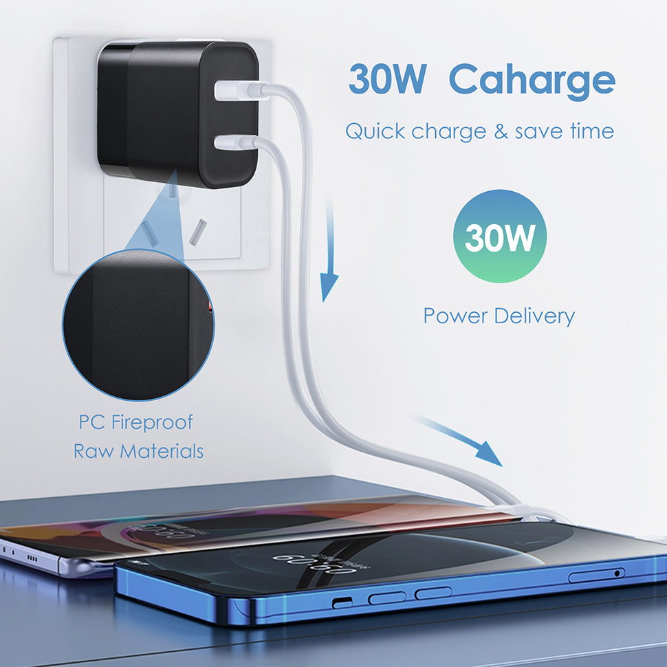 30W Dual Port USB Fast Charger USB-C & USB-A Power Adapter PD QC 3.0 Wall Charger BLACK