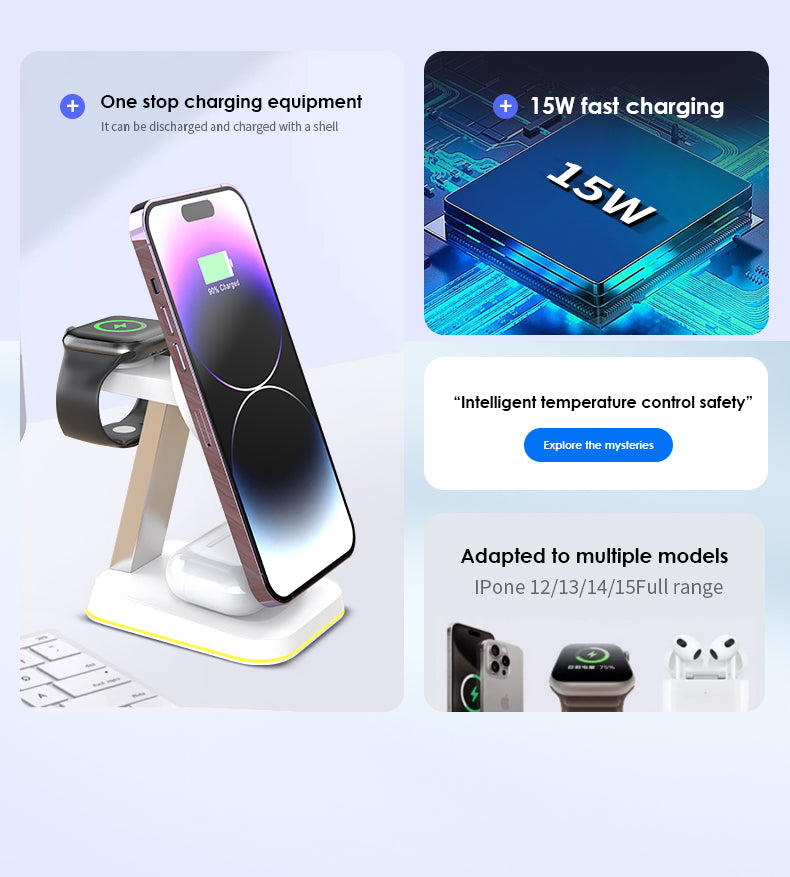 3 In 1 Magnetic Wireless Charger Stand LED Light Fast Charging Station Dock BLACK