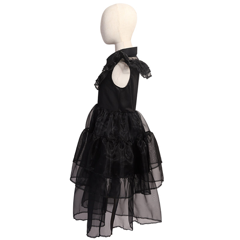 Girls Wednesday Dress Flying Sleeve Tulle Party Dress Halloween Fancy-Dress Cosplay Costume