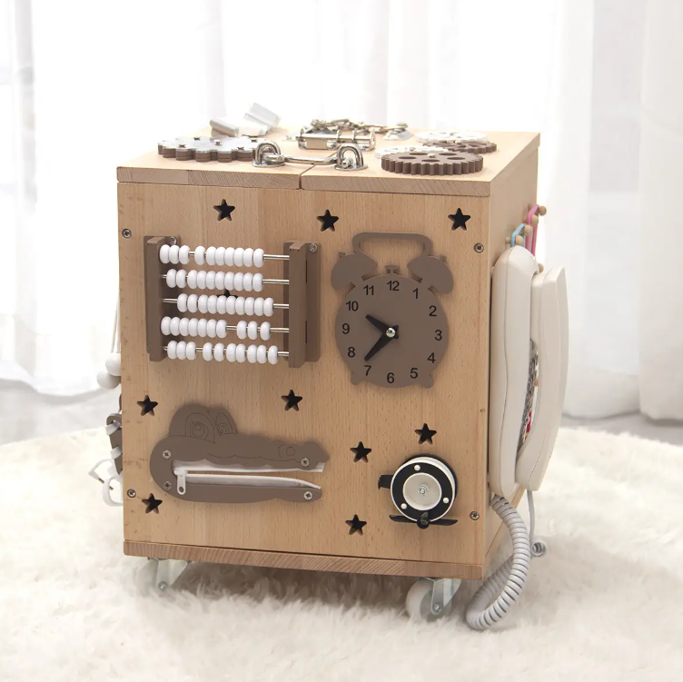 Kids Wood Portable Busy Board Cube Unlocking Box Sensory Game Baby Montessori Educational Wooden Toys for Children Learning Toy