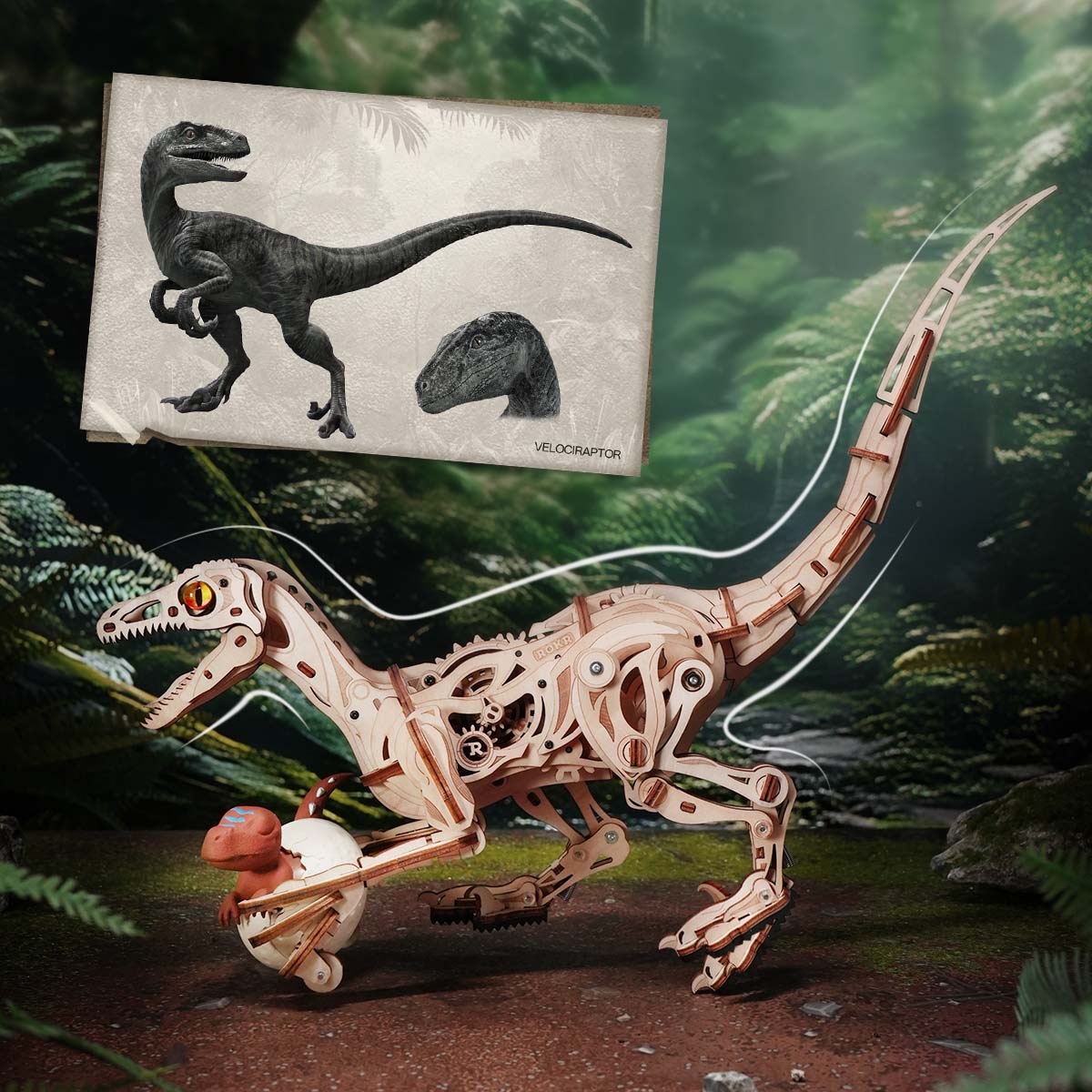 ROKR Velociraptor Mechanical 3D Wooden Puzzle - LD01 | Animatronic Dinosaur Model Kit for Adults & Teens