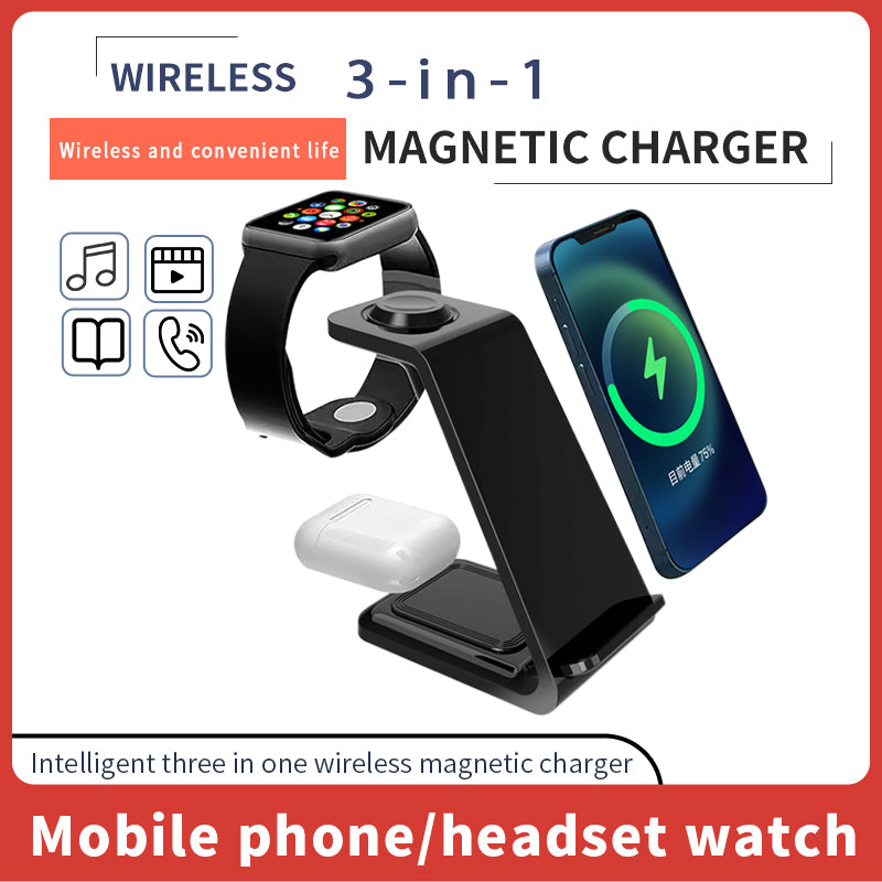 3 in 1 Wireless Charger Stand Charging Dock Station for iPhone Apple Watch AirPods Black+20W Dual Port USB Fast Charger