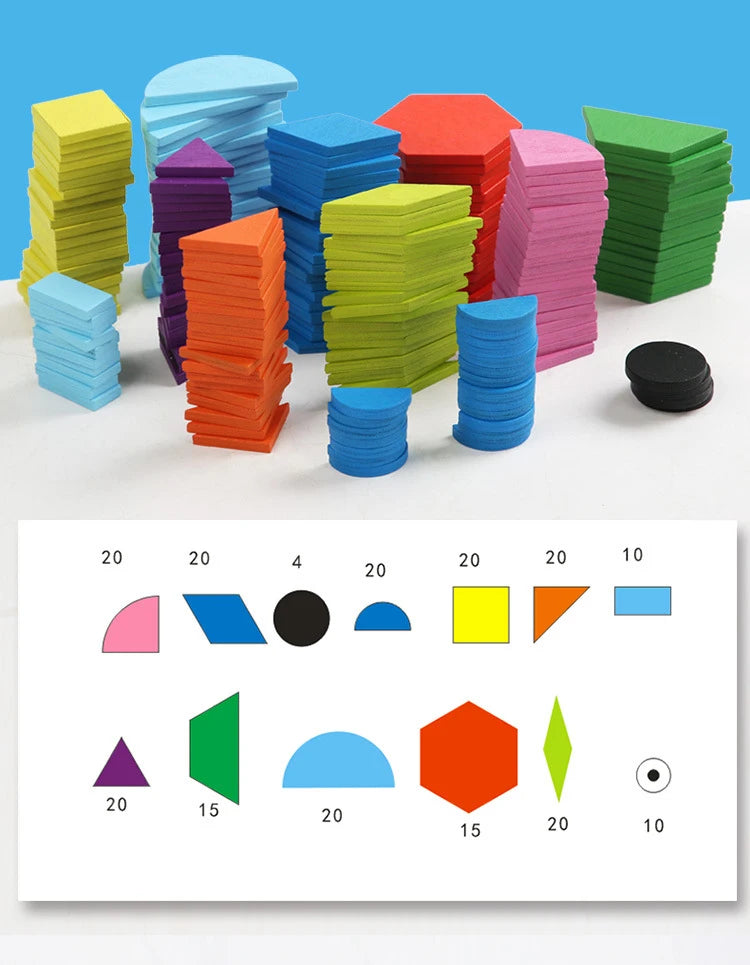 210Pcs Montessori Wooden Pattern Blocks Set Geometric Shapes Puzzle Wooden Jigsaw