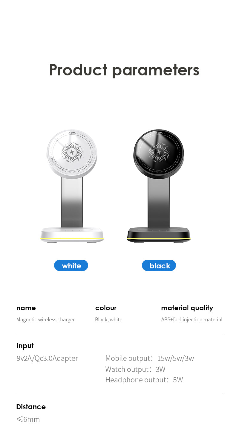 3 In 1 Magnetic Wireless Charger Stand LED Light Fast Charging Station Dock WHITE