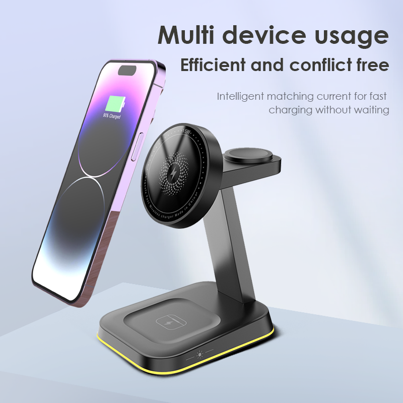 3 In 1 Magnetic Wireless Charger Stand LED Light Fast Charging Station Dock BLACK