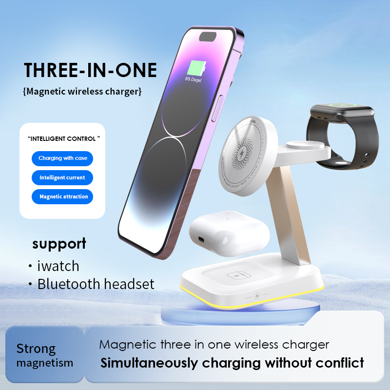 3 In 1 Magnetic Wireless Charger Stand LED Light Fast Charging Station Dock WHITE