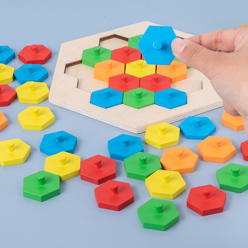 Colorful Puzzle Building Blocks IQ Game Child Interactive Wooden Color Matching Table Game Hexagon Honeycomb Shape Puzzle Challenge Games Toys For Kids