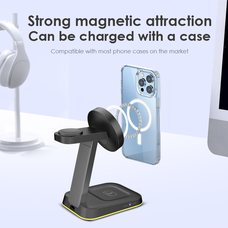 3 In 1 Magnetic Wireless Charger Stand LED Light Fast Charging Station Dock BLACK