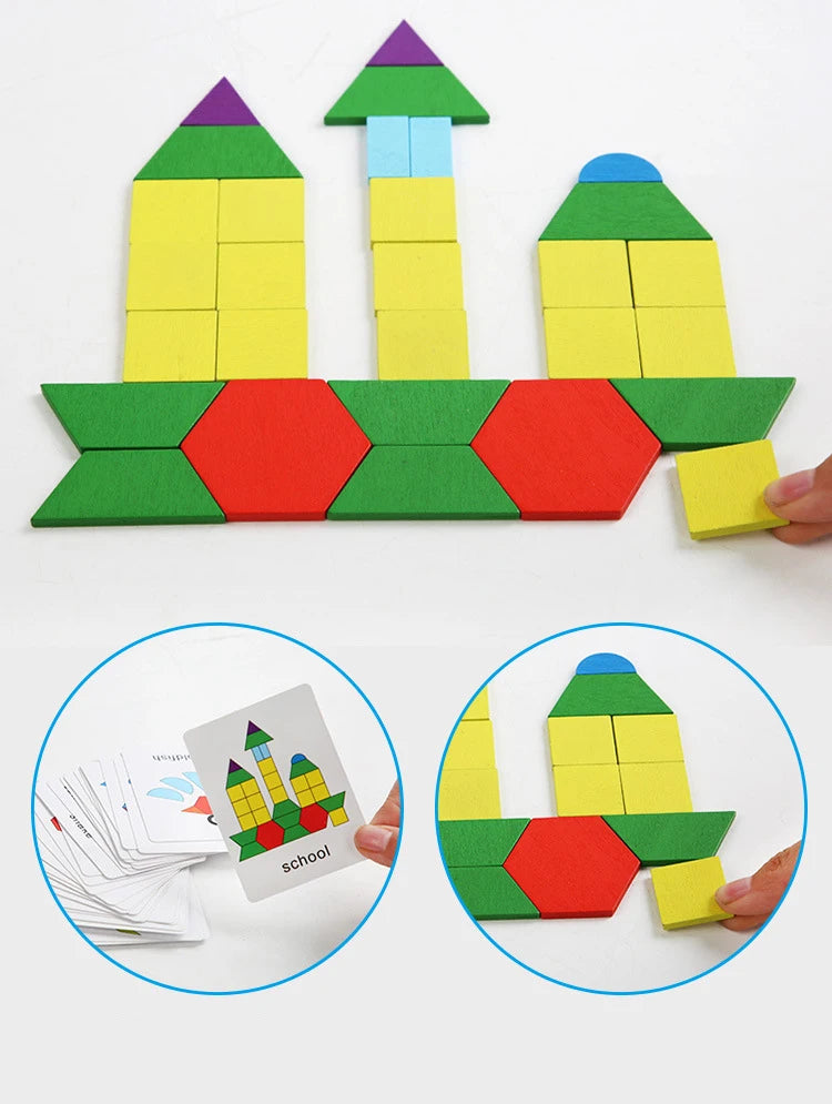 210Pcs Montessori Wooden Pattern Blocks Set Geometric Shapes Puzzle Wooden Jigsaw