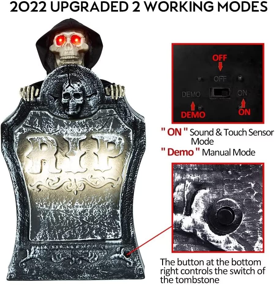 Halloween Decorations Resin RIP Graveyard Tombstone with LED Lights Animated Movable Skeleton Skull with Glowing Eyes & Voice Activation Outdoor Decor Party Book Week Costume