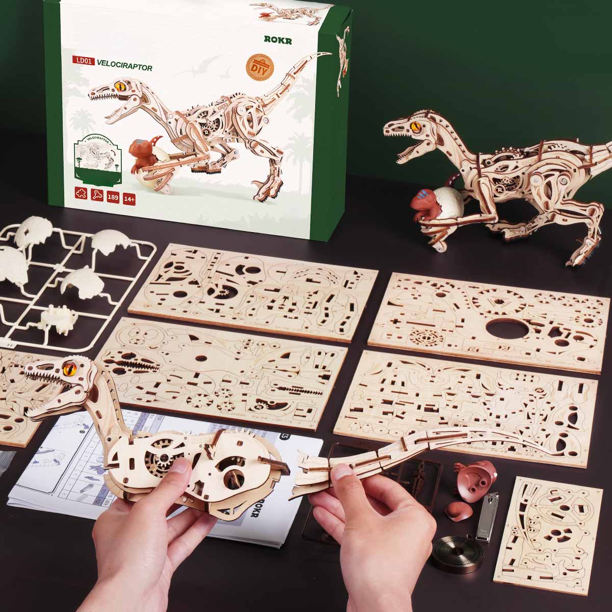 ROKR Velociraptor Mechanical 3D Wooden Puzzle - LD01 | Animatronic Dinosaur Model Kit for Adults & Teens