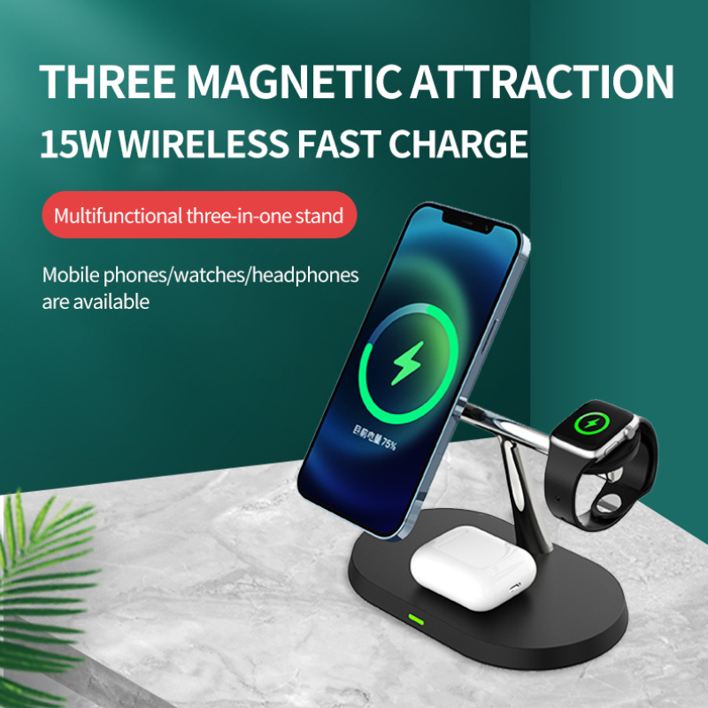 3 in 1 Magnetic Wireless Charger Stand Charging Dock Station for iPhone Apple Watch Airpods White +20W Dual Port USB Fast Charger