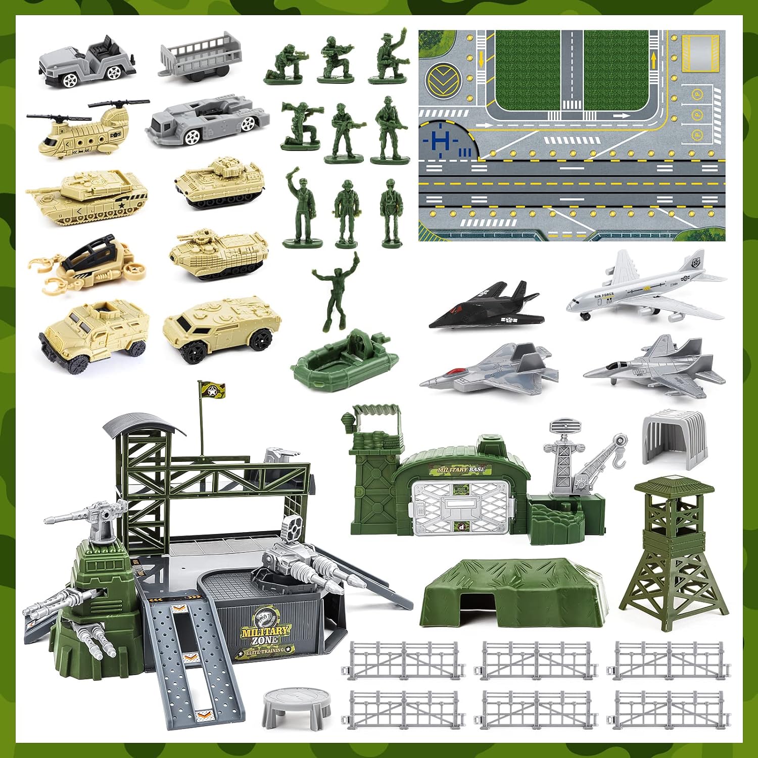 Military Base Set, Army Men Playset with Military Vehicle,Weapon Gear Accessories,Vehicles Accessories and Play Map,Great Army Toys for Boys Girls Kids